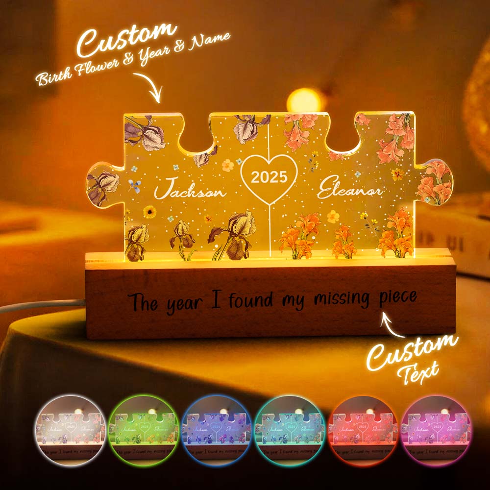 Personalized Couple Puzzle LED Night Light with Birth Flower Night Light Anniversary Gifts for Lover