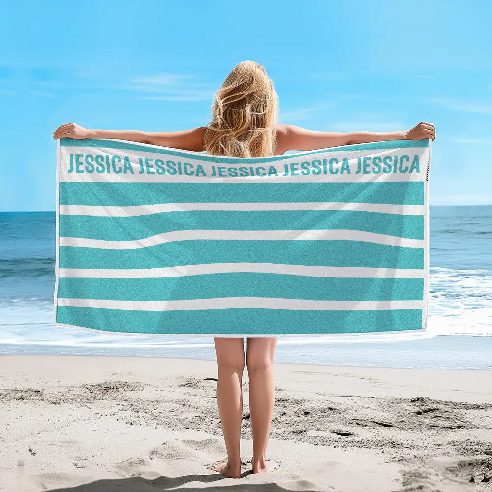 Personalized Stripe Beach Towel with Name Beach Accessories Gift for Family Kids