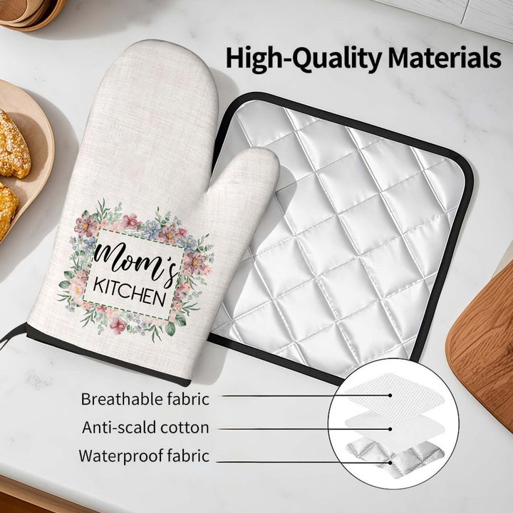 Personalized Flower Insulation Oven Mitt and Pot Holder Set with Text Kitchen Decor Gift for Mom