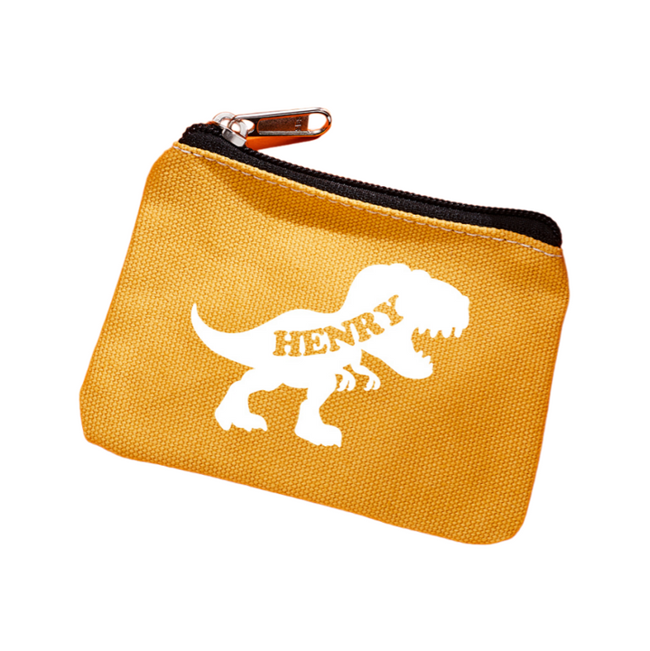 Personalized Name Dinosaur Coin Purse – Mustard Yellow Wallet Gift for Kids Children’s Day & Back to School