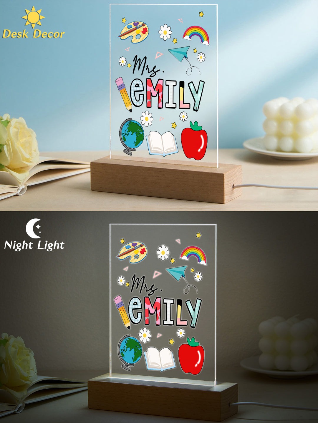 Custom Engraved Back to School Transparent Night Light with Stationery Design White Light Teacher's Day Gift