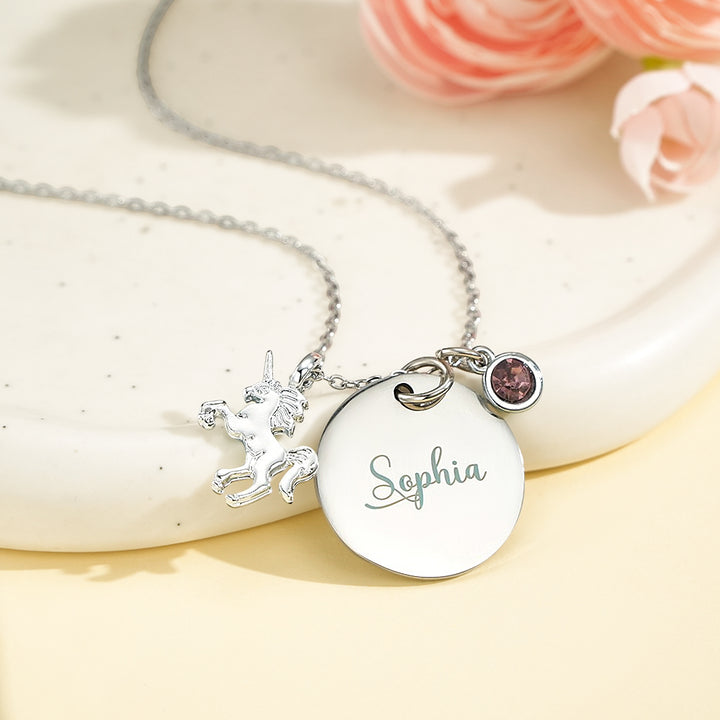 Personalized Unicorn Necklace with Birthstone Name Necklace Birthday Gift for Girls