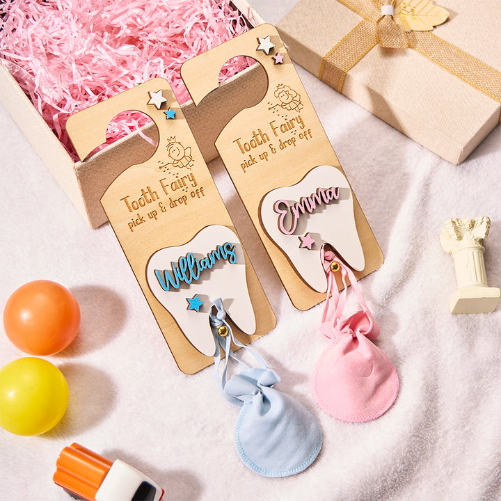 Personalized Tooth Fairy Door Hanger with Money Slot and Velvet Pouch Birthday Gift for Kids
