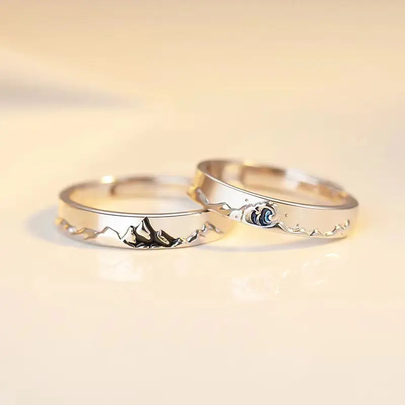Mountain Ocean Couple Rings Matching Adjustable Ring Jewelry Gift for Lovers