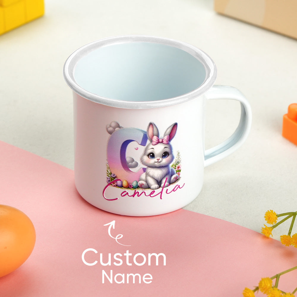 Personalized Easter Bunny Enamel Mug with Name Gradient Initial 12oz Cup Easter Gift for Kids