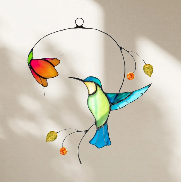 Sun Catcher Glass Blue Birds with Flower Wall Window Hangings Unique Gifts for Bird Lover