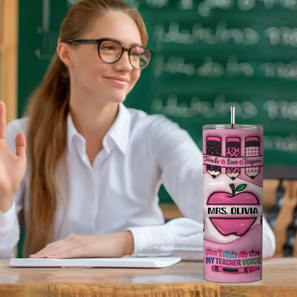 Personalized 3D Apple Pencil Design 20oz Skinny Tumbler Lid and Straw Back to School Gift for Teacher