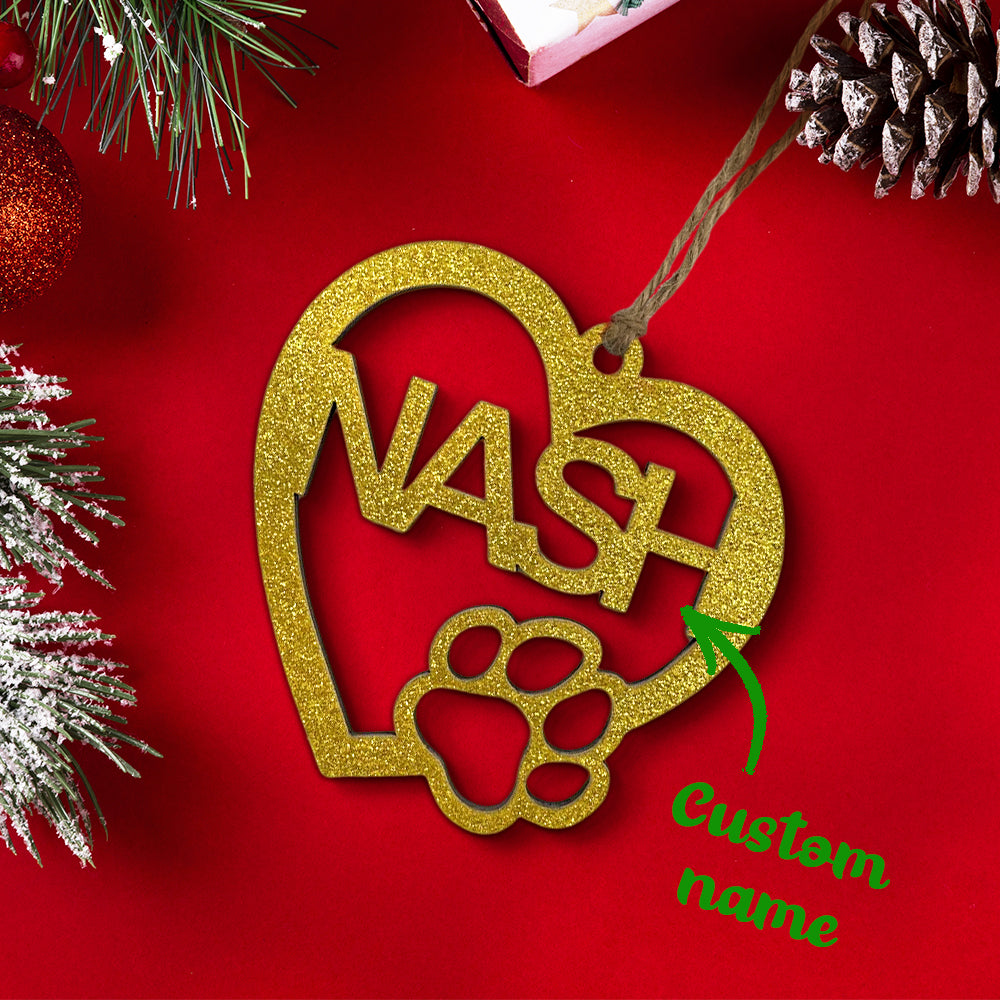 Personalized Wood Heart Dog Paw Name Christmas Ornament