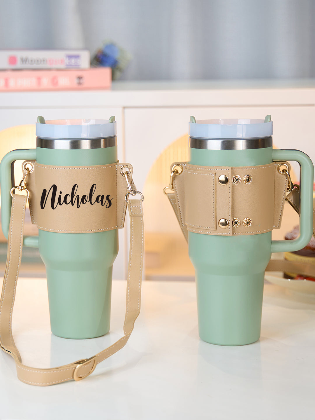 Custom Name Water Bottle Carrier Bag for 40oz Stanley Tumbler with Adjustable Strap Birthday Gift for Women