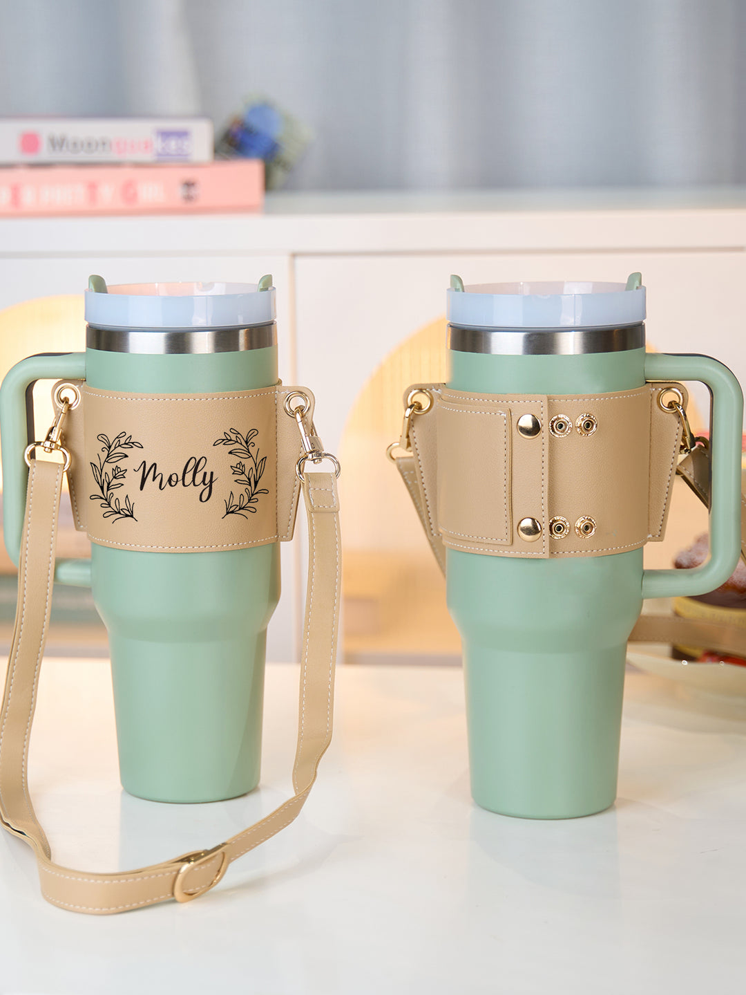 Custom Floral Pattern Water Bottle Carrier Bag with Adjustable Strap for 40oz Stanley Tumbler Gift for Women