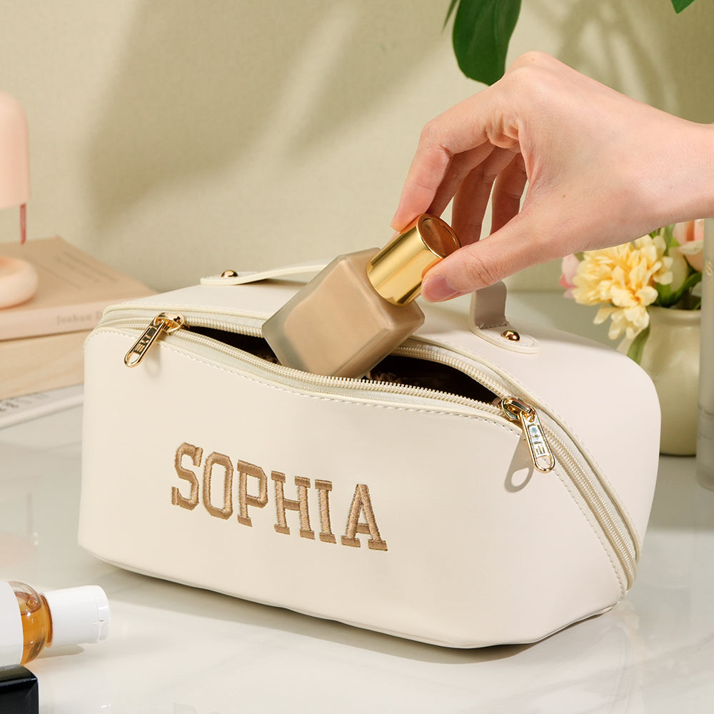 Personalized PU Leather Waterproof Makeup Bag with Embroidery Name Cosmetic Bag Travel Accessory Birthday Wedding Gift for Her