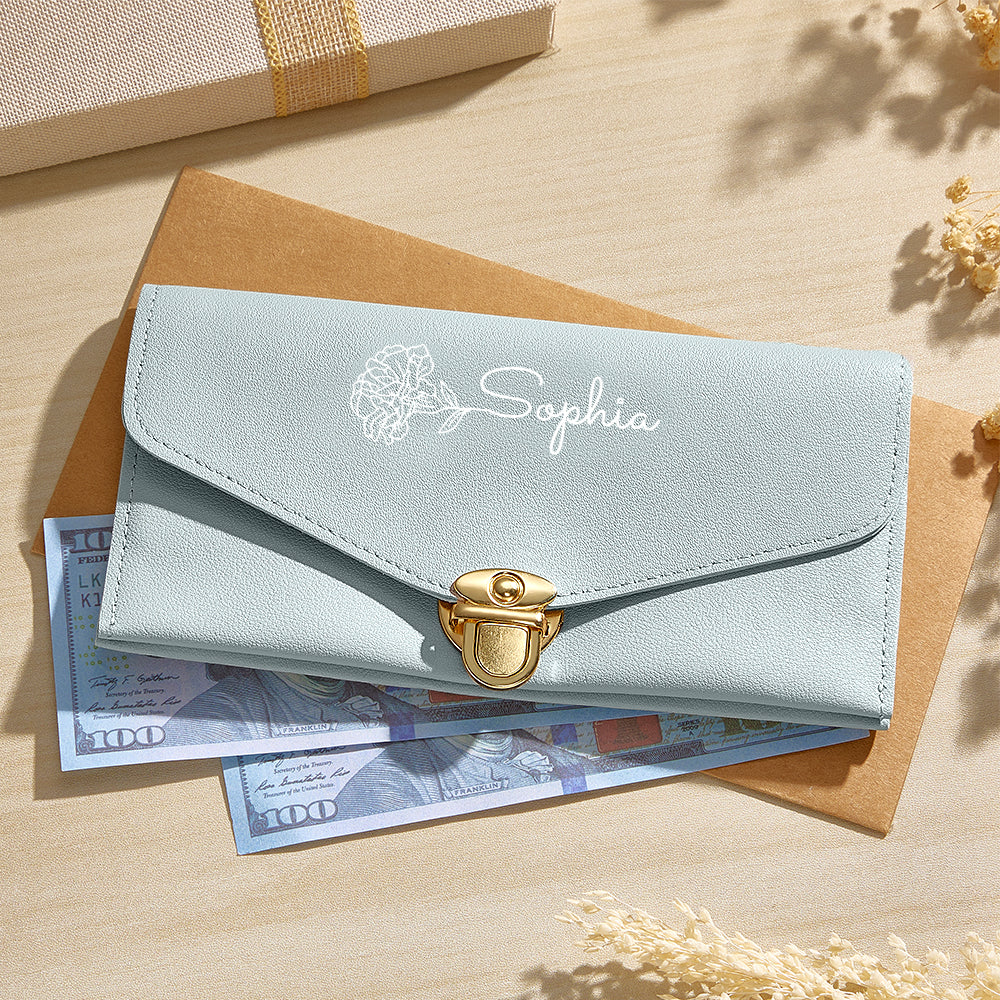 Personalized PU Leather Wallet Custom Birth Flower Wallet with Name Birthday Gift for Her