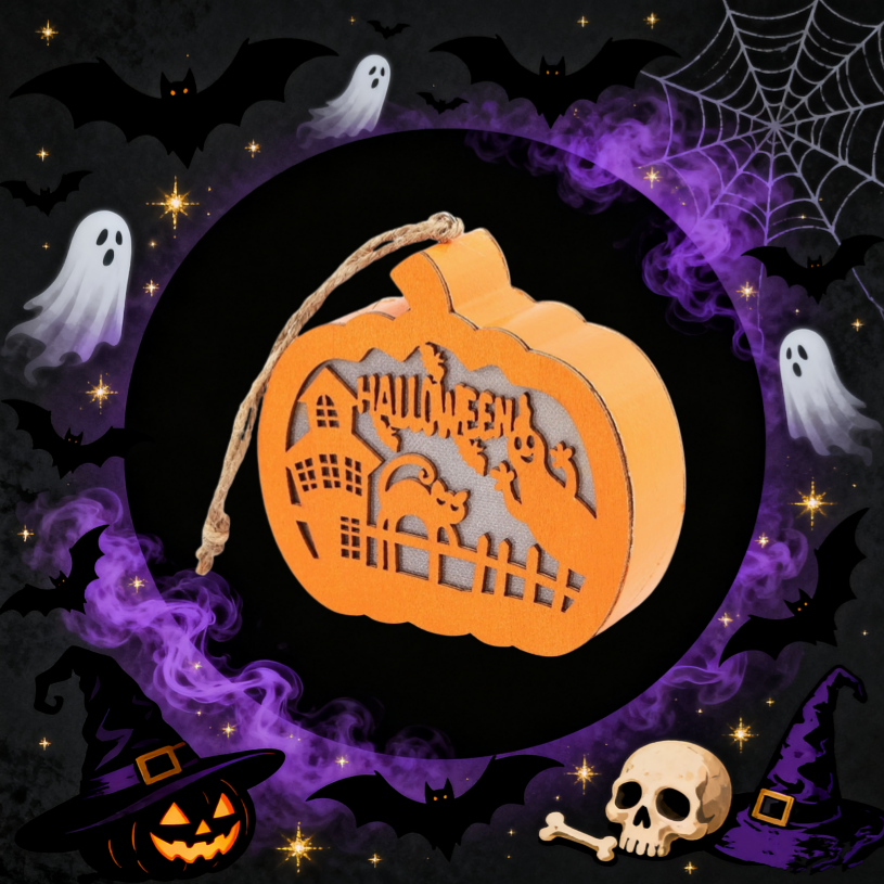 Halloween Haunted House Scene Wooden Pumpkin Light – Spooky Home Decor & Party Supplies