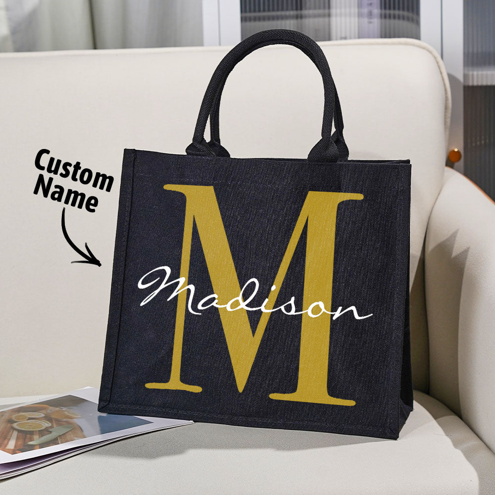 Personalized Black Canvas Bag with Name and Initial Birthday Wedding Party Gift for Women