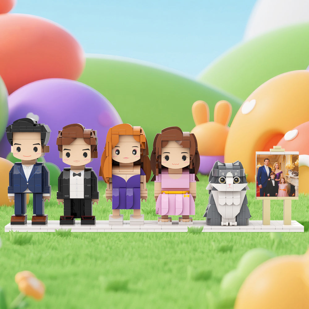 Custom Full-Body Cute Brick Figures of 4 People and 1 Cat with Frame Personalized Anniversary Gift Birthday Gift