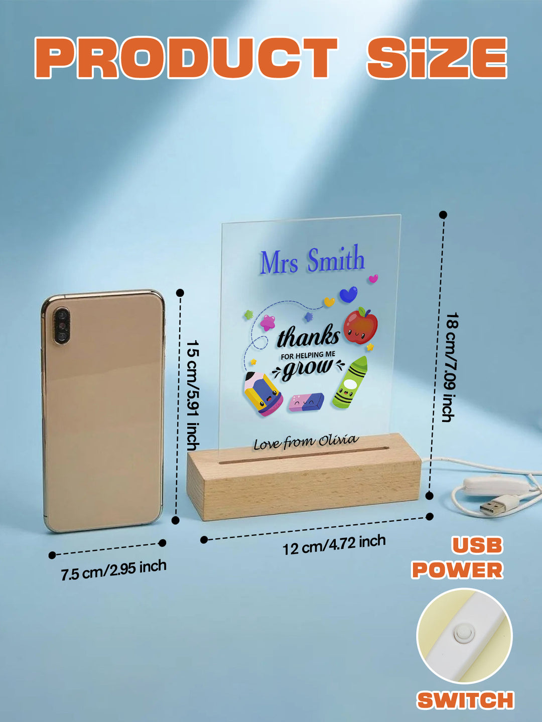 Custom Engraved Back to School Transparent Night Light with Pencil Design White Light Teacher's Day Gift