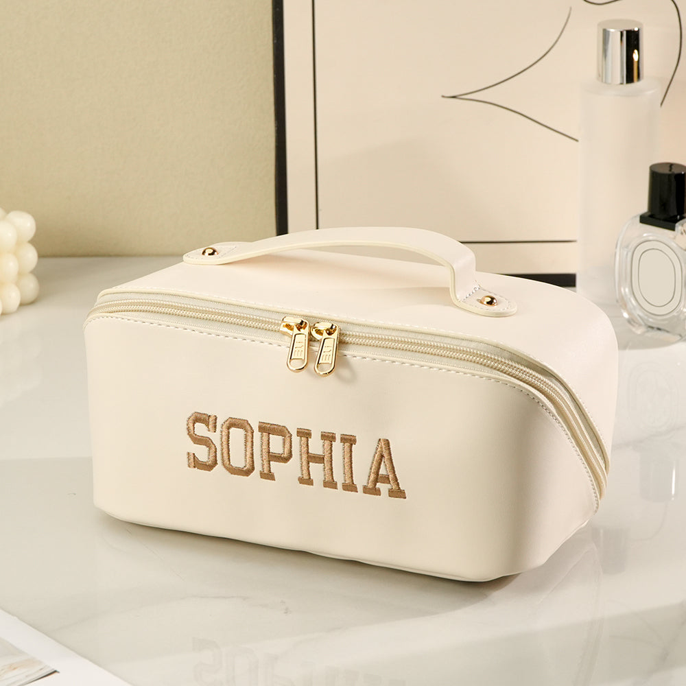 Personalized PU Leather Waterproof Makeup Bag with Embroidery Name Cosmetic Bag Travel Accessory Birthday Wedding Gift for Her