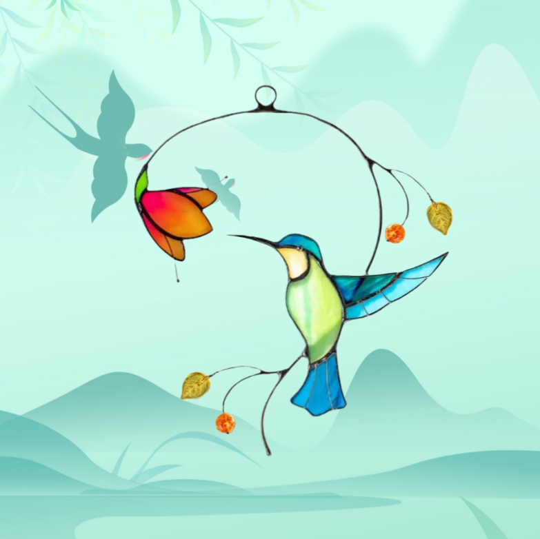 Sun Catcher Glass Blue Birds with Flower Wall Window Hangings Unique Gifts for Bird Lover