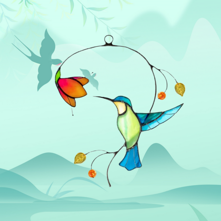 Sun Catcher Glass Blue Birds with Flower Wall Window Hangings Unique Gifts for Bird Lover