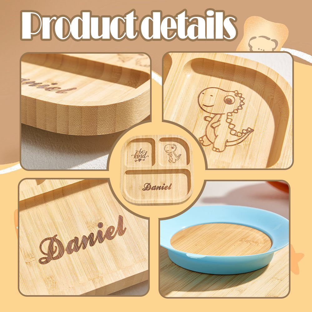 Personalized Square Bamboo Suction Plates with Name Baby Cutlery Gift for Kids