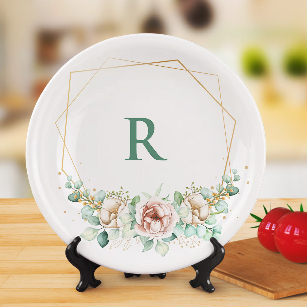 Personalized Monogram Dinner Plates Custom Printed Flower Ceramics Plate With Single Initial For Wedding Gifts