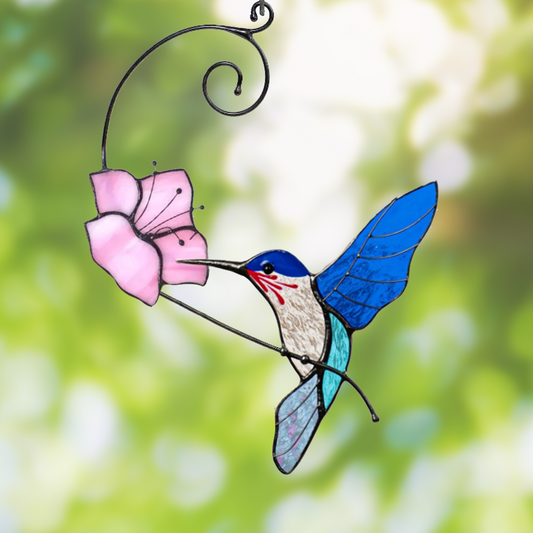 Bluebird with Flower Glass Suncatcher – Elegant Hanging Decoration