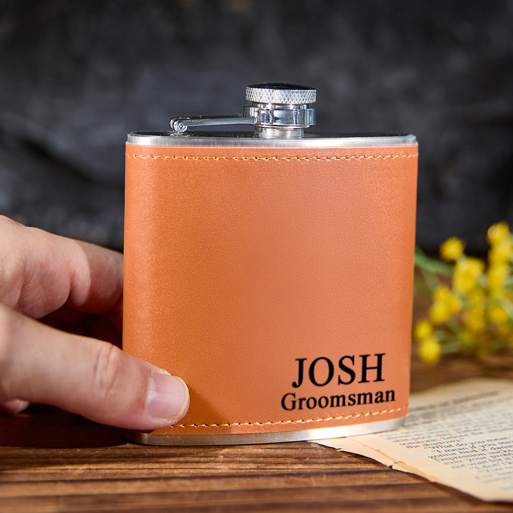 Personalized Leather Flask with Name Stainless Steel 6oz Whiskey Flask Gift for Groomsmen