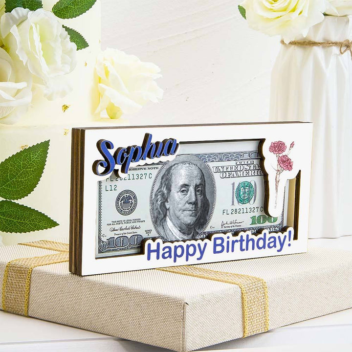 Custom Name & Text Birth Flower Wooden Money Box - Personalized Storage