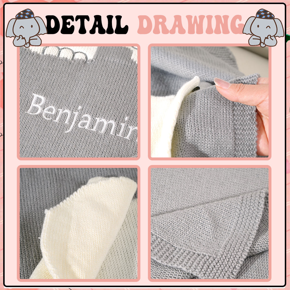 Personalized Baby Blanket Knitting Blanket Grey Elephant with Name Gift for Baby