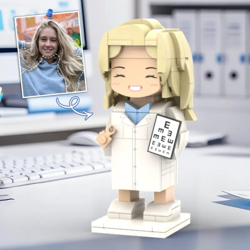 Personalized Head Doctor Brick Figure Holding Eye Chart – Custom Text Medical Career Gift, Gift for Her
