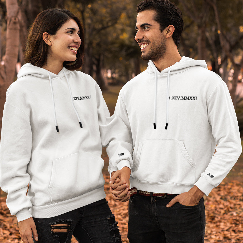 Custom Engraved Hooded Embroidery Round Neck Roman Numeral Date Couple Gifts