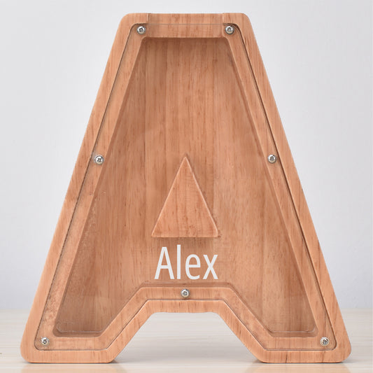 Custom Engraved Name Oak Wooden Letter Piggy Bank