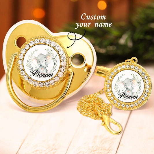 Custom Name Baby Pacifier & Clip Set with Elephant Pattern – Personalized Newborn Gift