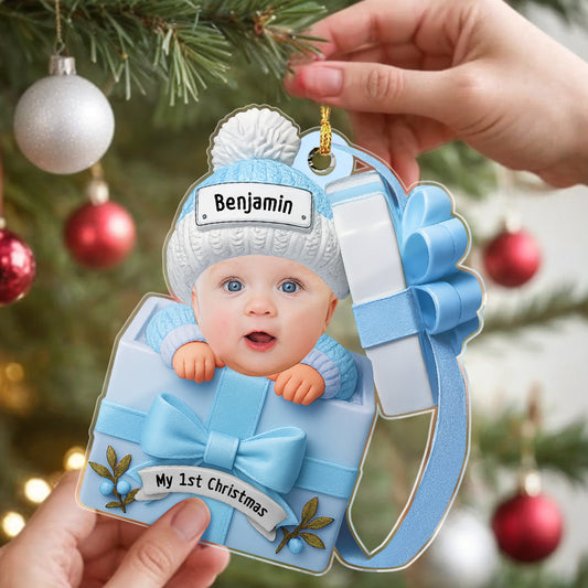 Custom Baby Face & Text Acrylic Ornament – Baby in Gift Box Design Personalized Christmas Keepsake for Newborns