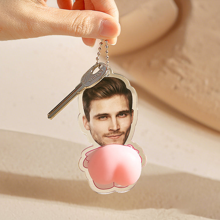 Custom Face Photo Pink Butt Squeezable Acrylic Keychain – Funny Personalized Gift