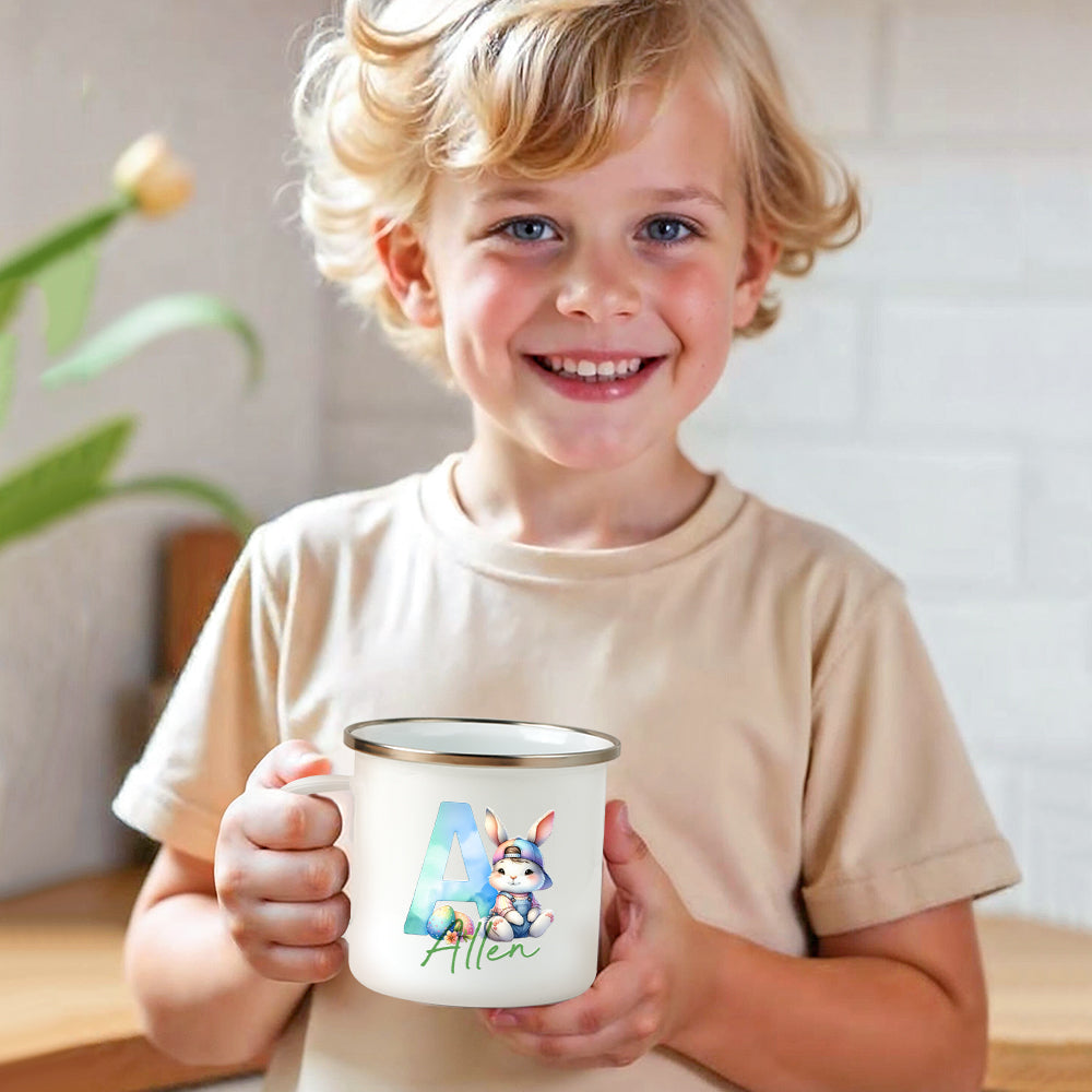 Personalized Easter Bunny Enamel Mug with Name Gradient Initial 12oz Cup Easter Gift for Kids