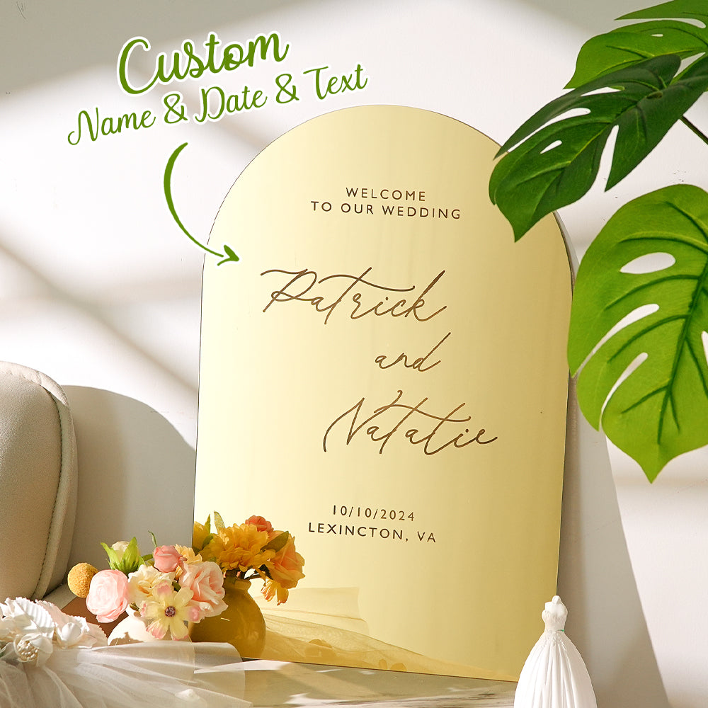 Personalized Arched Wedding Sign Gold Mirror Welcome Sign Gift for Wedding