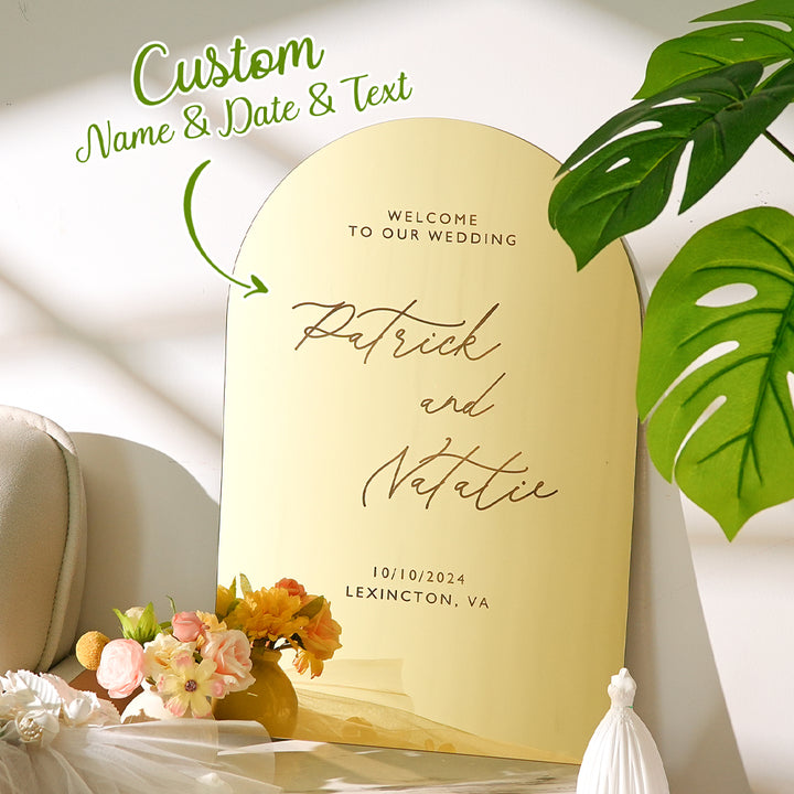 Personalized Arched Wedding Sign Gold Mirror Welcome Sign Gift for Wedding