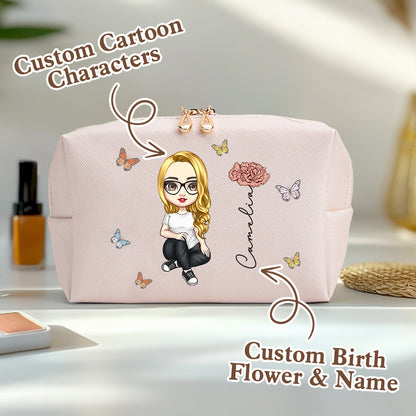 Personalized Cartoon Character Makeup Bag with Birth Flower PU Leather Cosmetic Bag Gift for Her