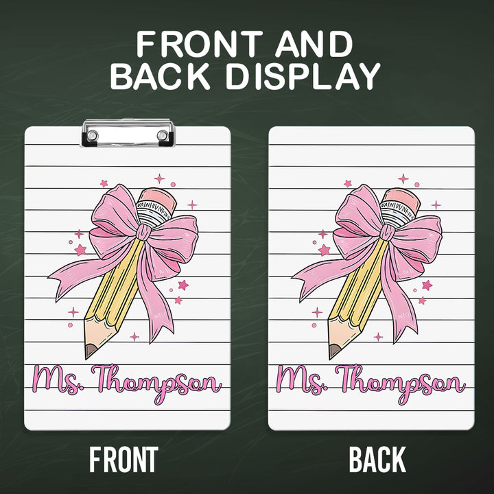 Custom Text Name Folder with Pink Bow & Pencil Design – Teacher's Day & Back to School Gift