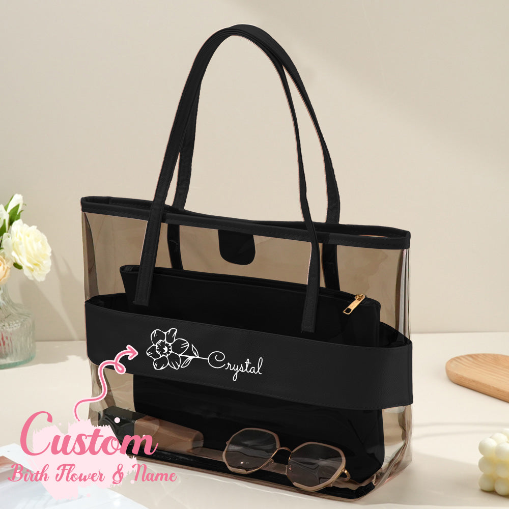 Personalized Birth Flower Clear Tote Bag with Name Birthday Bridesmaid Gift for Her