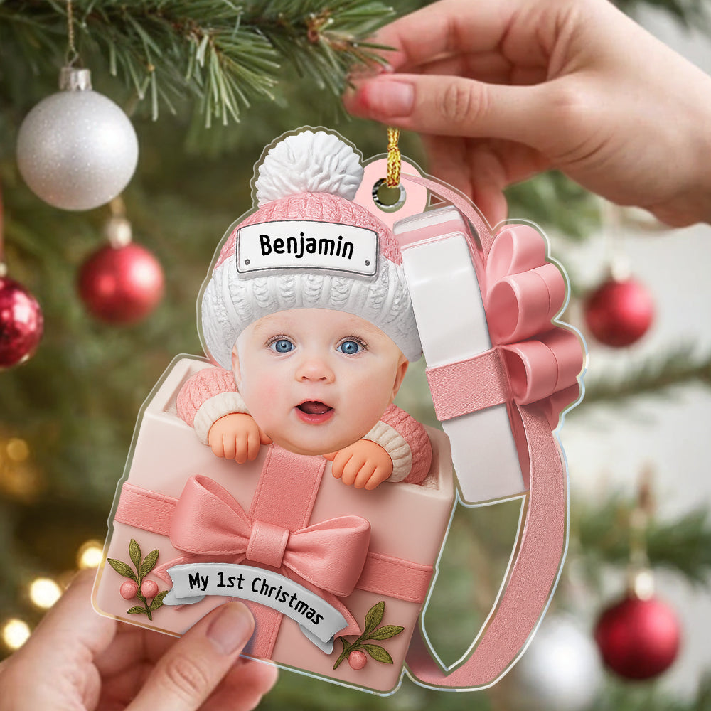 Custom Baby Face & Text Acrylic Ornament – Baby in Gift Box Design Personalized Christmas Keepsake for Newborns