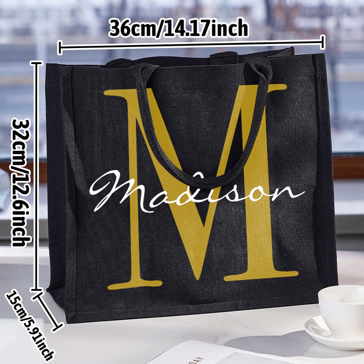 Personalized Black Canvas Bag with Name and Initial Birthday Wedding Party Gift for Women
