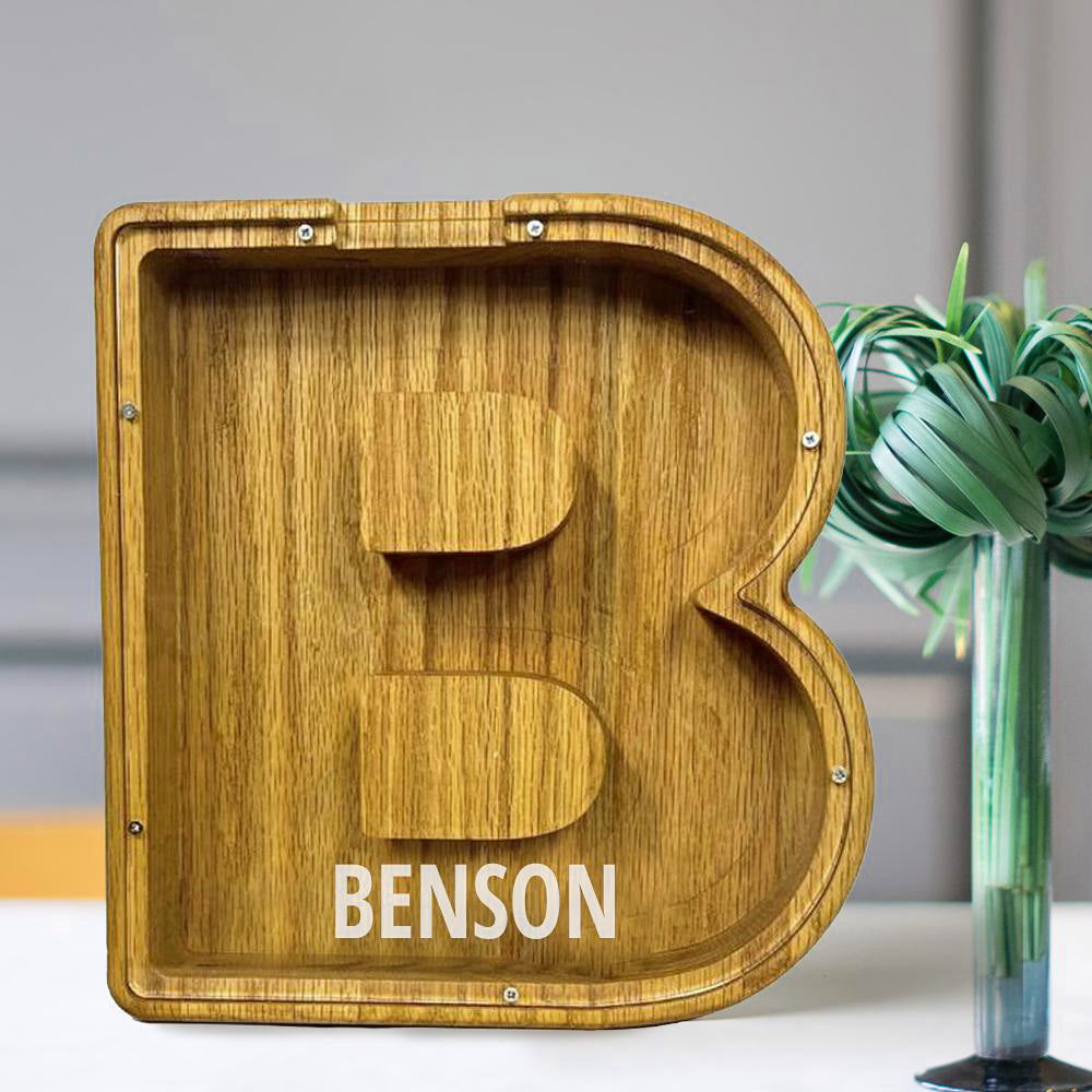 Personalized 26 Letters Piggy Bank Custom Name Wooden Money Box - Tung Wood