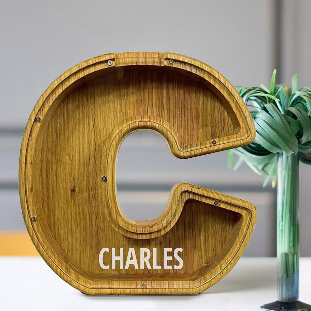 Personalized 26 Letters Piggy Bank Custom Name Wooden Money Box - Tung Wood