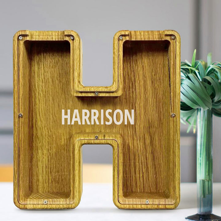 Personalized 26 Letters Piggy Bank Custom Name Wooden Money Box - Tung Wood