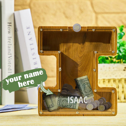 Personalized 26 Letters Piggy Bank Custom Name Wooden Money Box - Tung Wood
