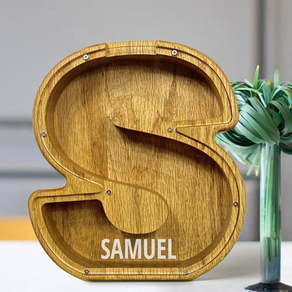 Personalized 26 Letters Piggy Bank Custom Name Wooden Money Box - Tung Wood