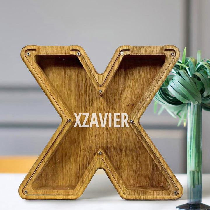 Personalized 26 Letters Piggy Bank Custom Name Wooden Money Box - Tung Wood