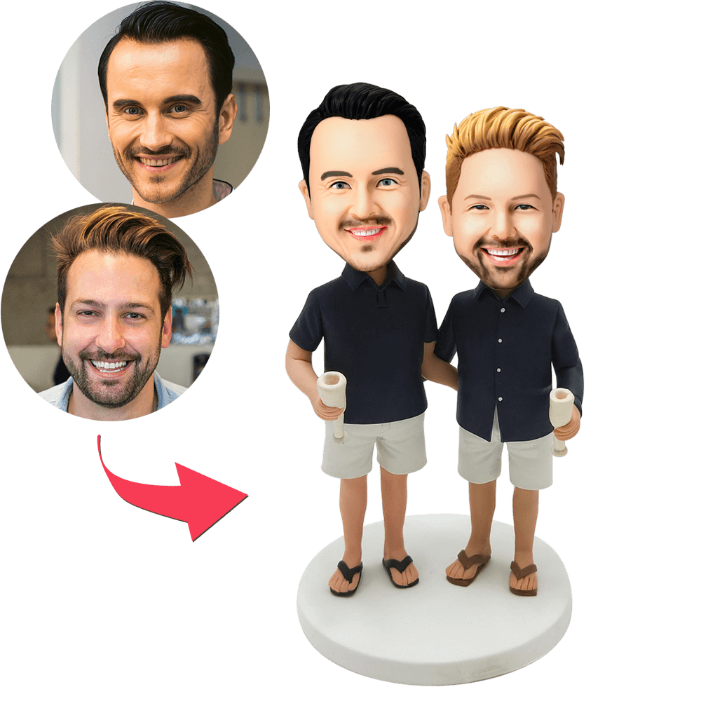 Casual Same-sex Male Couple Custom Bobblehead With Engraved Text